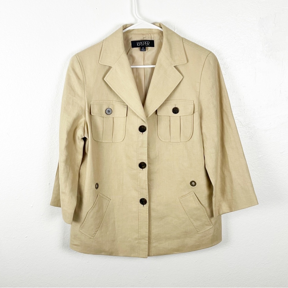 KASPER Khaki 100% Linen Lined 3/4 Sleeves Front Button Blazer, Size 12 Casual